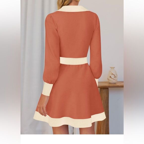 ZESICA Women's Spring Long Sleeve V Neck Sweater Dress Collar Ribbed Size Large - Picture 2 of 13